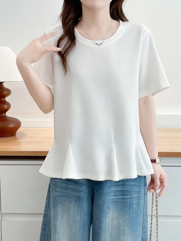 Summer New plus Size  Color round Neck Short Sleeve T-Shirt Women's Fashion Slim Fit Half Sleeve Shoulder Bore Dress