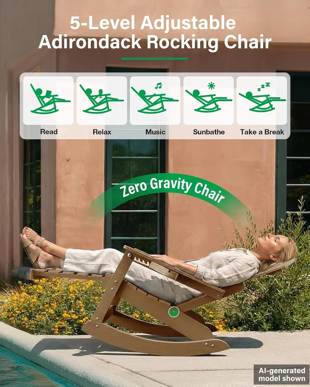 All-Weather Rocking Chair Set 4 with Footrest, Walnut, Customized