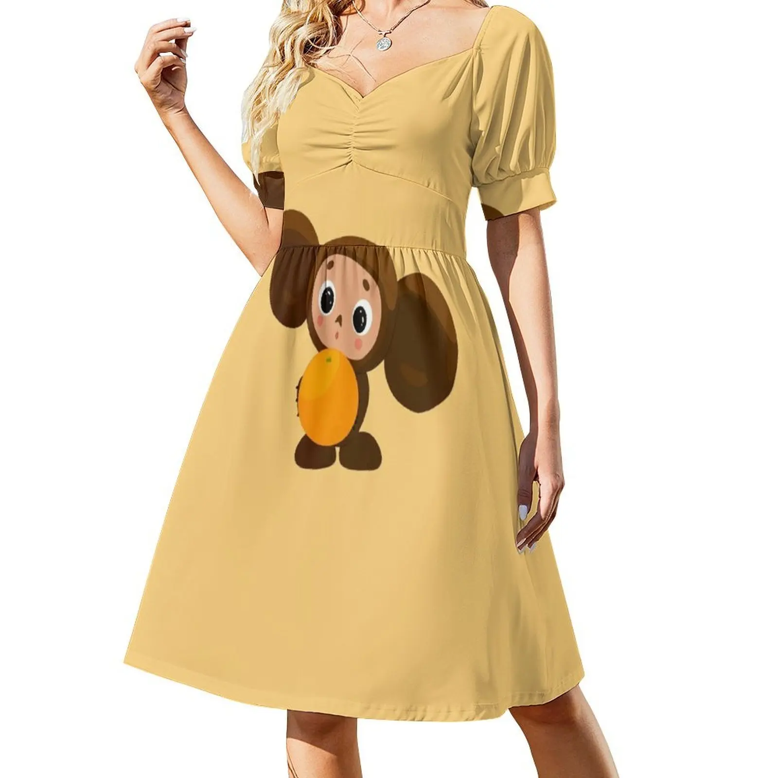 فستان Cheburashka البوهيمي العتيق بأكمام منتفخة أو خيارات بدون أكمام للنساء فستان Cheburashka الروسي الكرتوني البرتقالي للمرأة #2