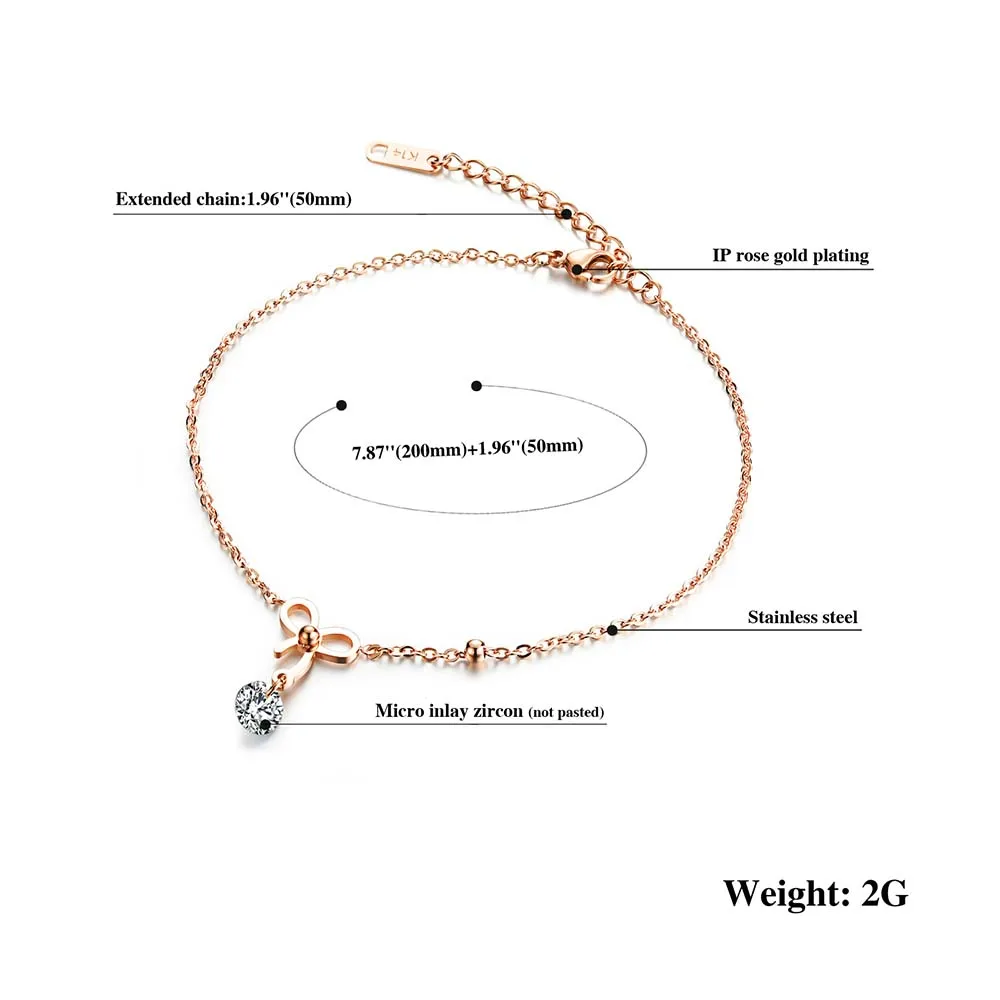 Lokaer Trendy CZ Crystal Bowknot Anklets For Women Rose Gold Color Stainless Steel Cubic Zirconia Ankle Jewelry A19036