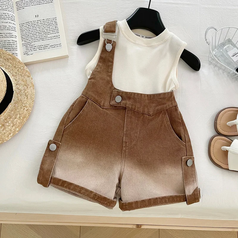 

2025Summer New Girls Gradient Denim Camisole+Suspender Shorts Two-Piece Suit