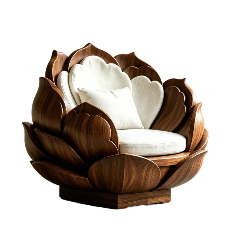 Modern Zen Style Black Walnut Balcony Peony Flower Single Seat Solid Wood Sofa with Sponge Filler for Family Hotel Villa 2026