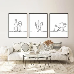 Minimalist Black and White Lines Kitchen Mural Wine Coffee And Tableware Poster Canvas Painting Restaurant Dining Room Decor