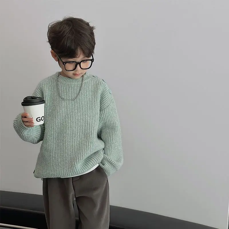 

3-16Y 2025 Autumn New Boys Korean Sweater Fashionable Casual Daily Solid Color All-match Thicken Warm Knitwear