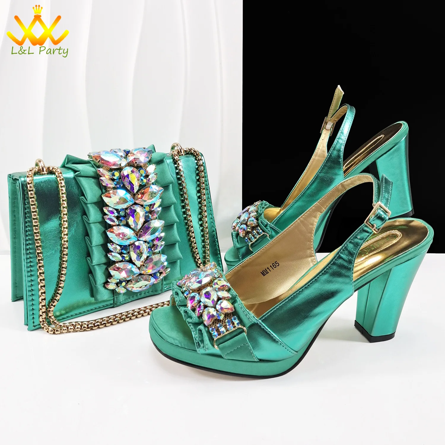 L&L Party Crystal Shoe and Bag Set Platform Sandals Black 4