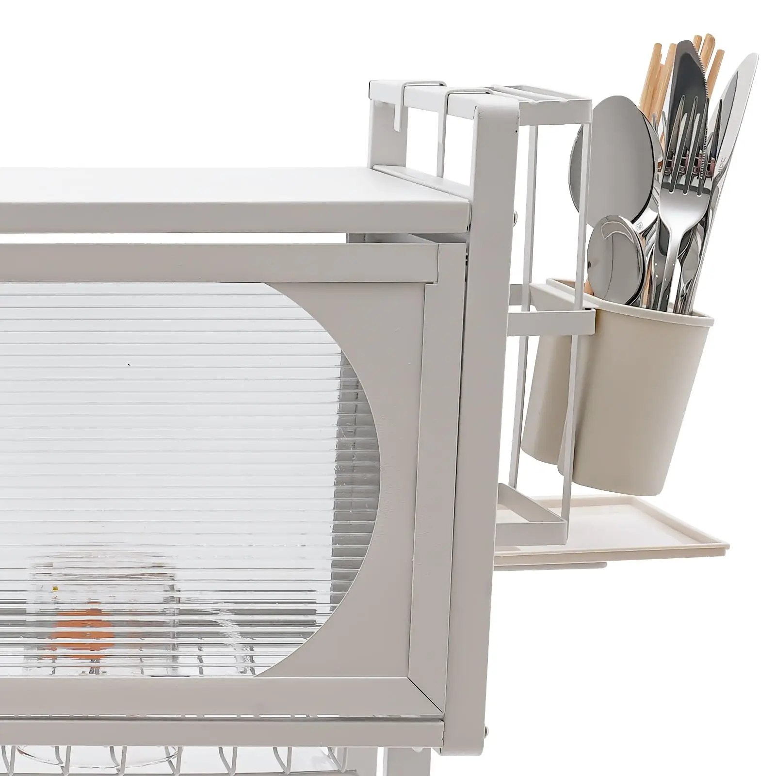 Estante para secar platos sobre el fregadero, estante para platos de altura ajustable con puerta abatible, estante para secar platos sobre el mostrador para fregadero de cocina, blanco