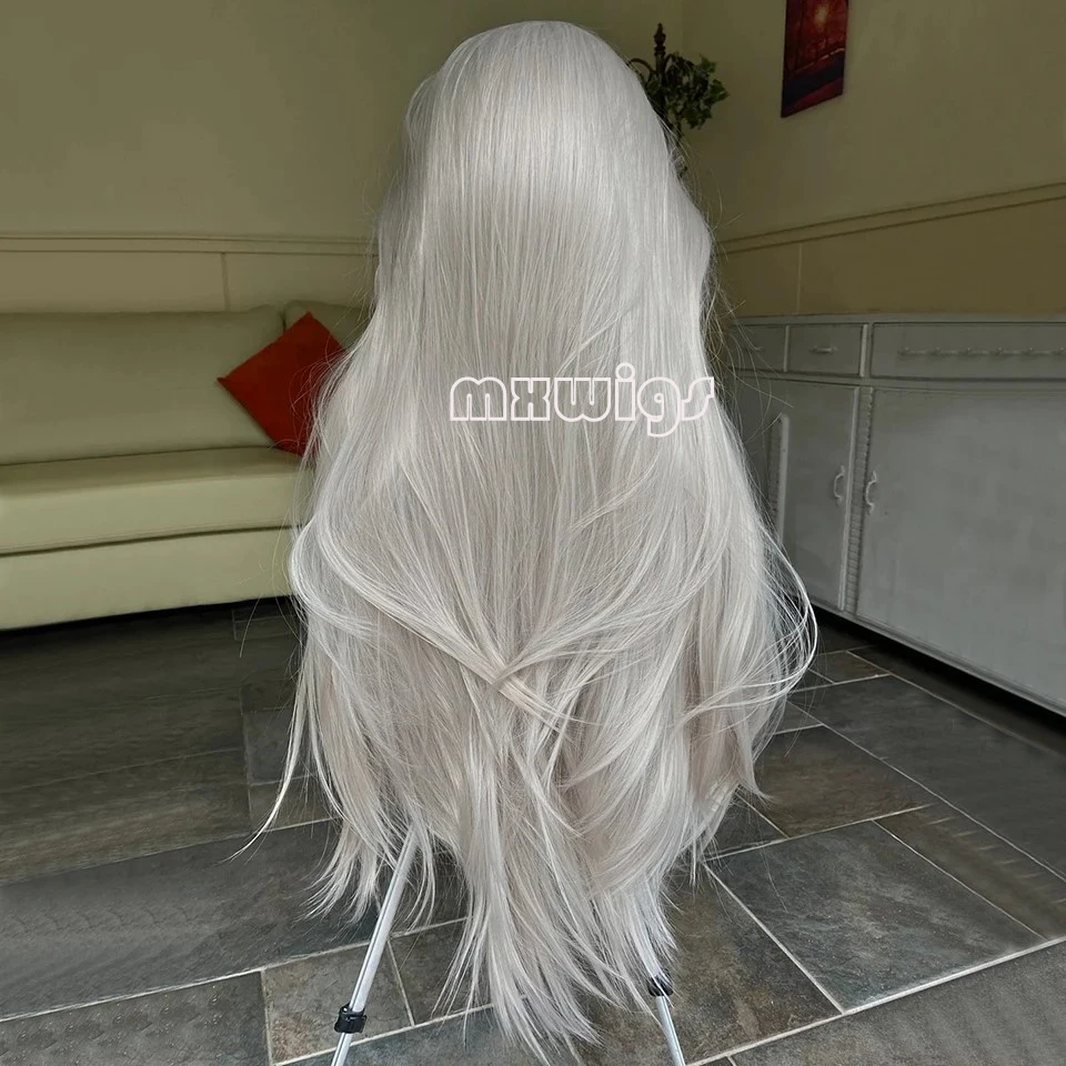 MXWIG Synthetic Hair Grey Straight Blonde Glueless 13X4 Lace Front Wig For Black Women Preplucked Daily Fiber Cosplay