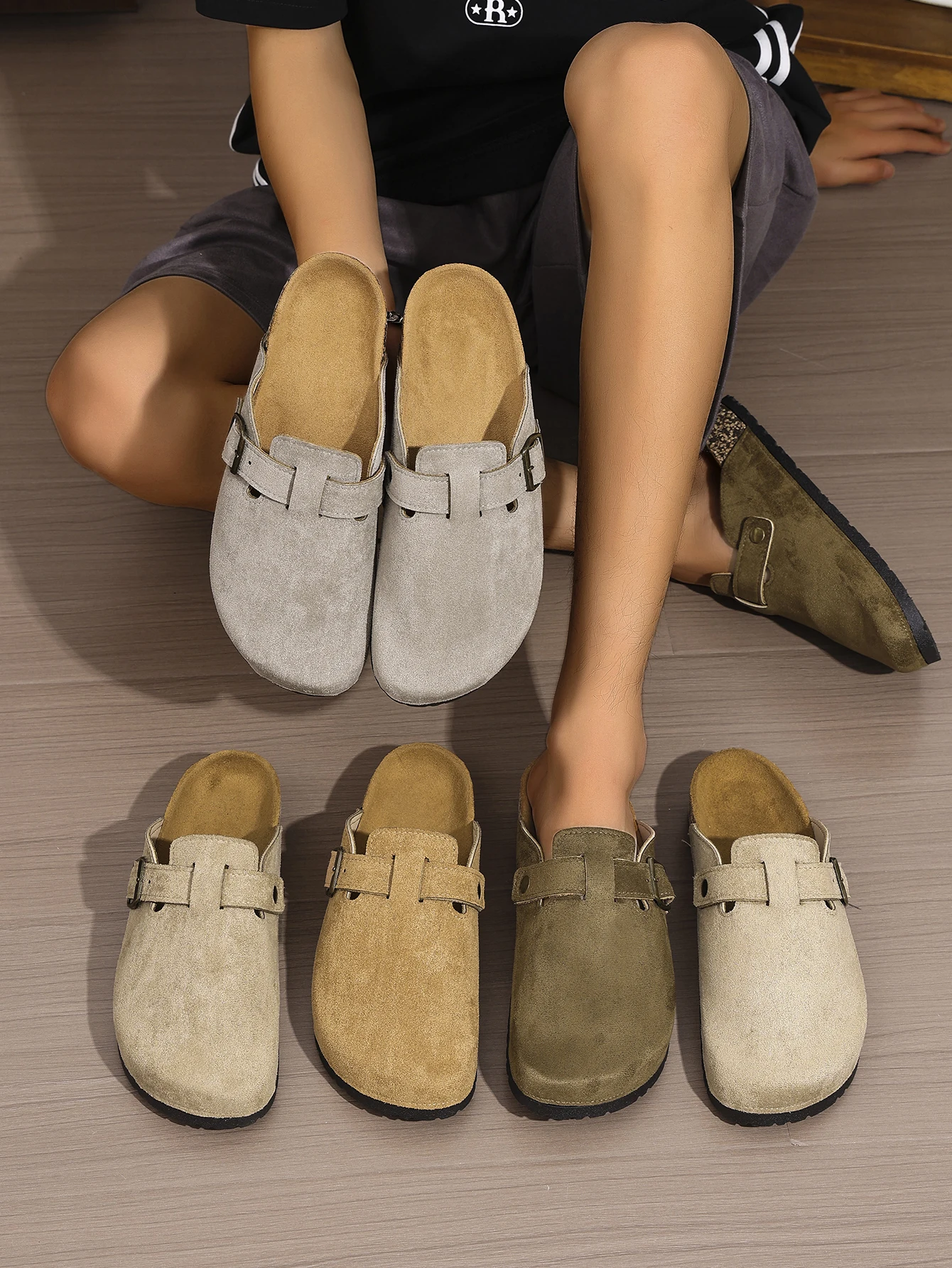 Men's Spring and Autumn Casual Simple Buckle Flat Heel Set Wear Soft Wood Grain Solid Color PU Shoes Bread Head Beach Slippers C