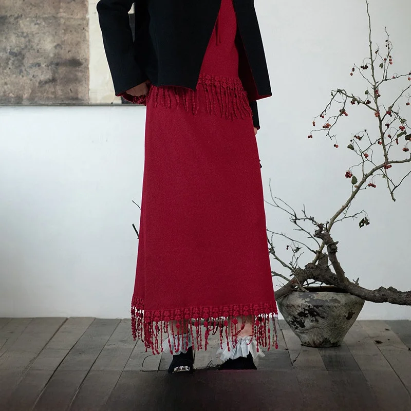 

Элегантная вязаная юбка-миди оверсайз с цветочным кружевным подолом для женщин, стройнящая фигуру