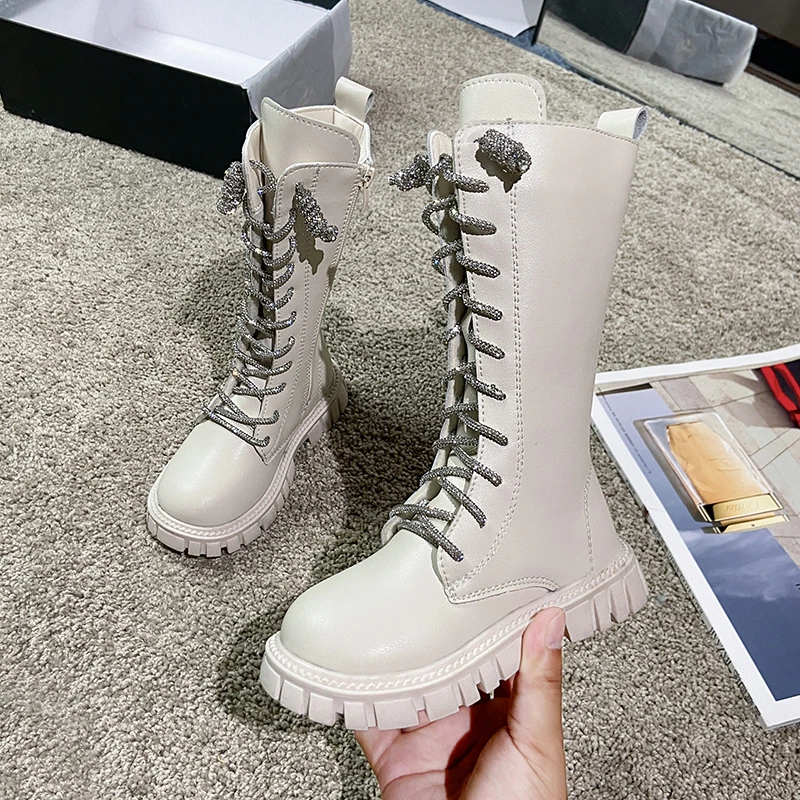 Children Knee-high Boot 2025 Girl Students Fashion Canister Boots Shoes Children Winter Cream-colored Flat Boots Antiskid Shoe