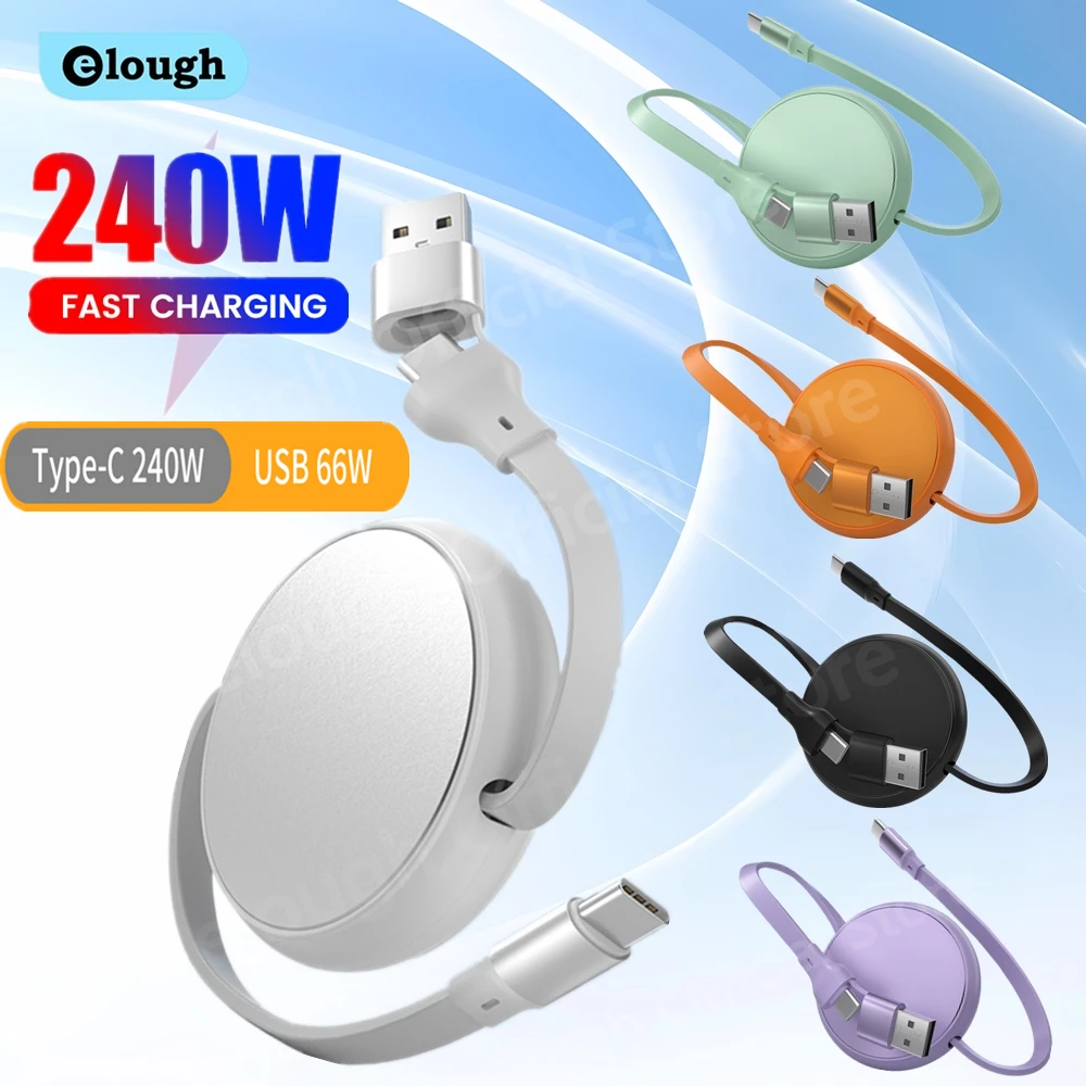 Cabo USB C Retrátil 2 em 1 PD 66W/240W para Carregamento Rápido e Transferência de Dados USB Tipo C para USB C para iPhone 17, CarPlay e Laptop 1M