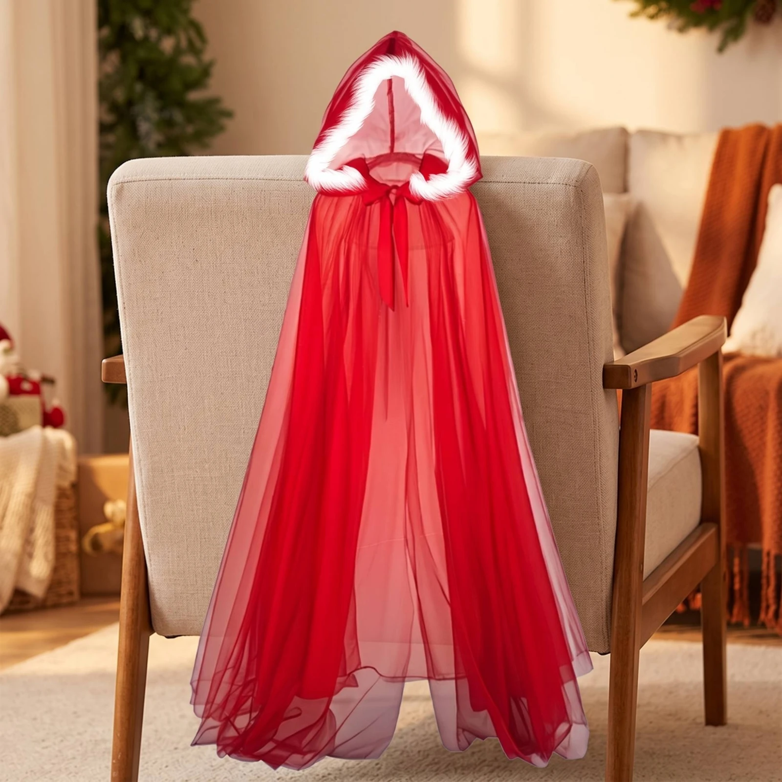 Mesh Cape with Hood Translucent Transparent Cloak with Hood Cloak with Tie Closure Draped for Women, Christmas Events