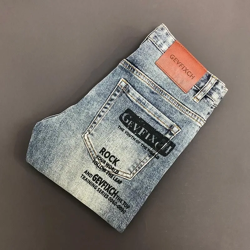 Spring and Autumn New Fashion Trend Printed Straight Leg Elastic Jeans For Men's Casual Retro Sports High-Quality Jeans 28-36
