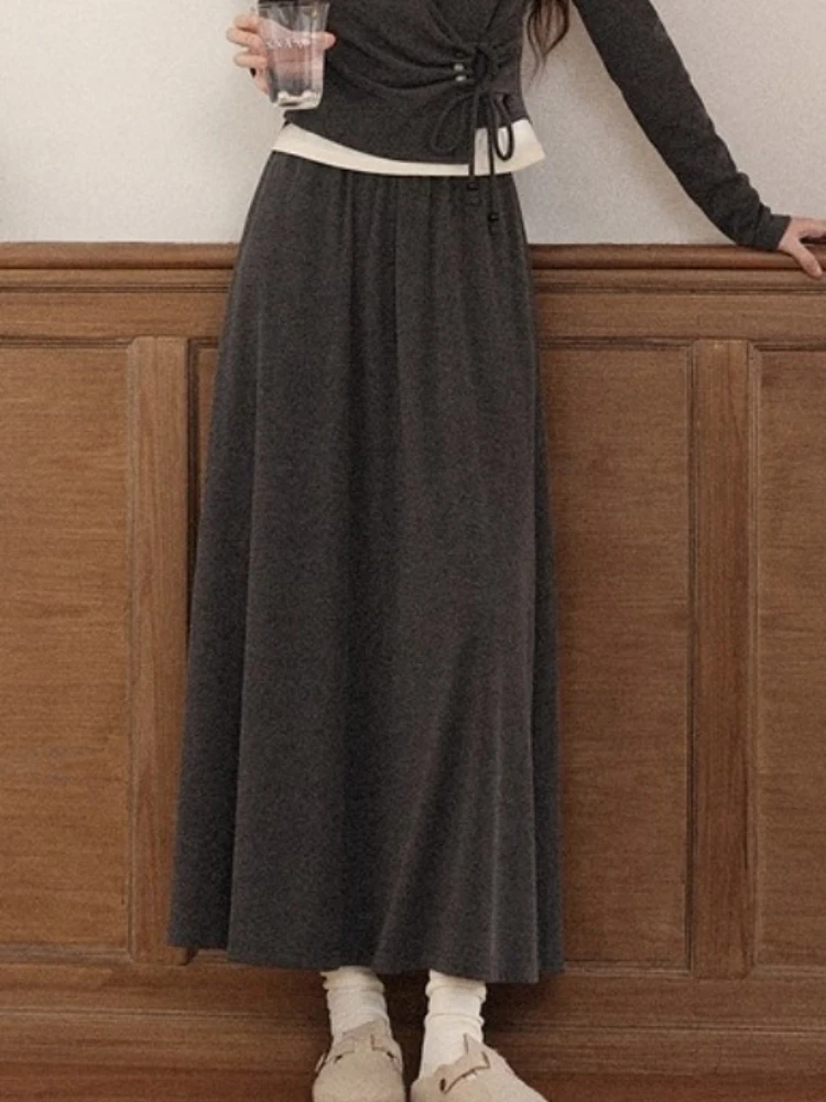 ALXNAN Casual Rokken Hoge taille Veelzijdige Gebreide Stretch Middellange Rok Nieuwe Herfst Ontspannen Zachte Dameskleding L569115-1
