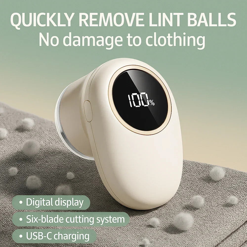 

Portable Fabric Shaver Lint Remover With Digital Display 6-Blade Rechargeable USB Type-C Travel Clothes Fuzz Trimmer
