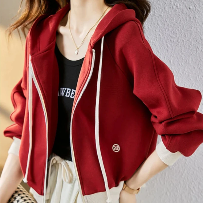 Hoodies Cotton Woman Tops Spring and Autumn Red Hooded Sweatshirt for Women Korean Clothing Basic Emo 90s Vintage Y 2k Casual - view 3