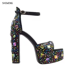 Luxury Women Platform Sandals Crystal Embroidery High Heel Sandalia Feminina Buckle Strap Rhinestone Wedding Shoe 44