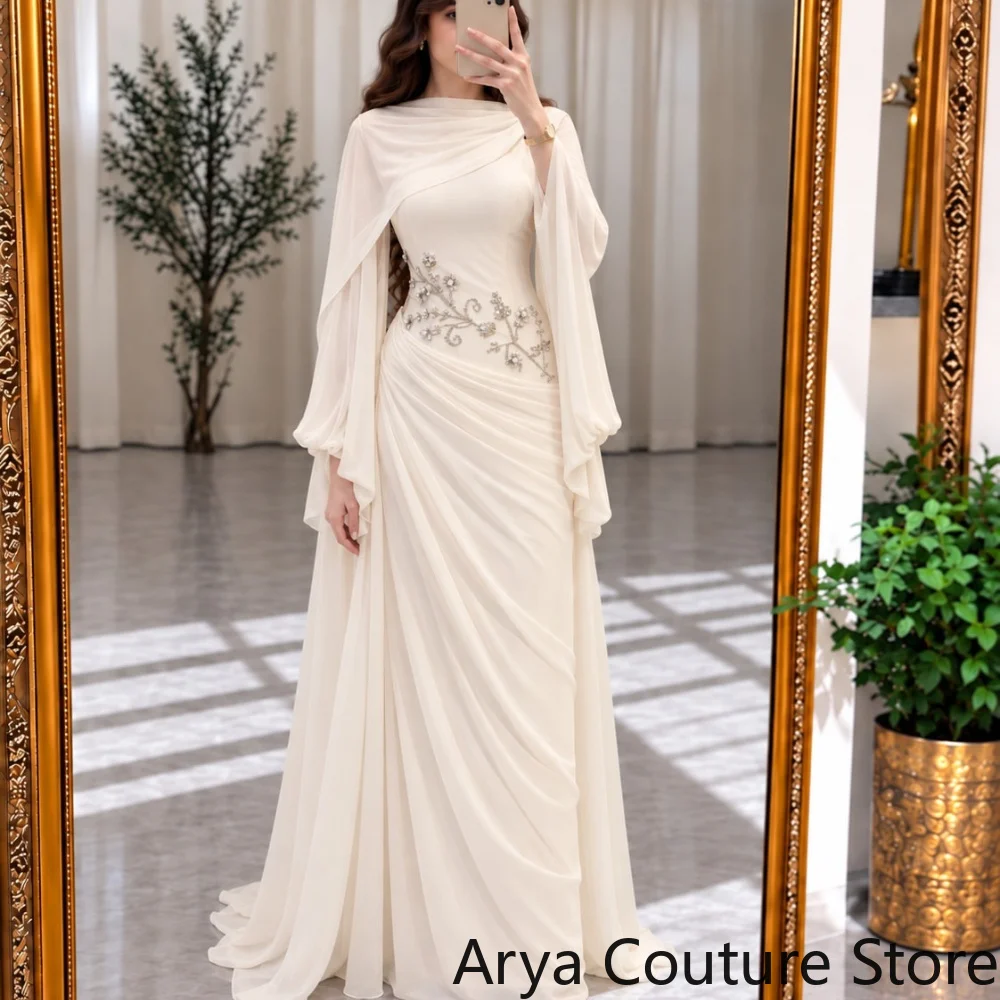 Customized Elegant Ivory Modest Evening Gown High Neck Long Cape Sleeves Embroidered Beaded Waist Detail Draped Chiffon