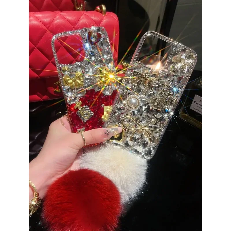 

Fashion Fur Ball Case for iPhone, Shockproof Cover, Diamond Rhinestone Flower, Bow Bear, Bling,16 11, 12, 13, 14, 15 Pro Max, XR