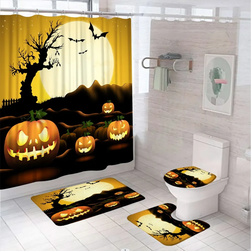 Pumpkin Halloween Bat Witch Shower Curtain Set Full Moon Night Bathroom Curtains Non-Slip Bath Mat Pedestal Rug Lid Toilet Cover