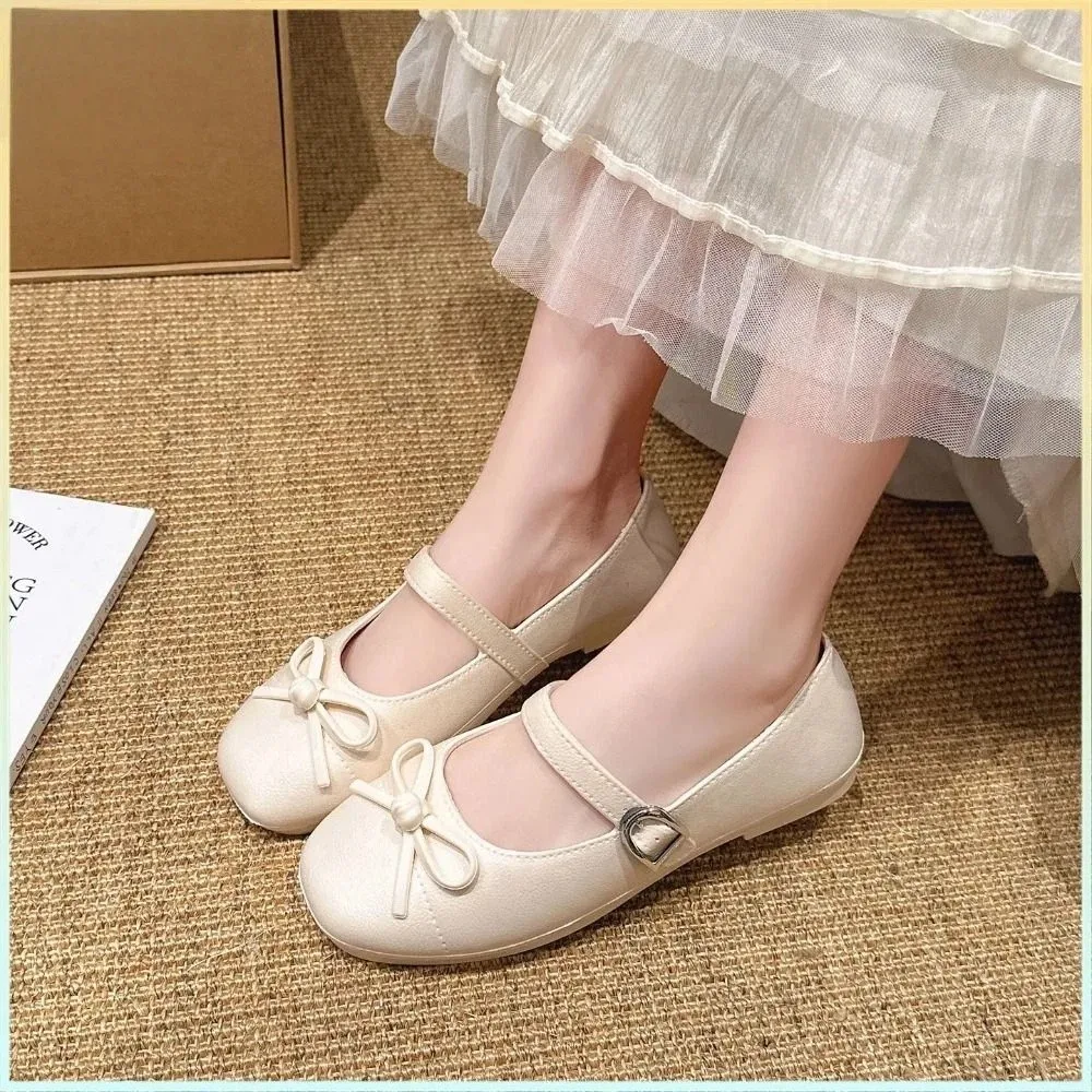 Sweet Women's Pearl Bow Tie Sandals Versatile Non-slip Toe-covering Slippers Comfortable Low Heel Soft Flat