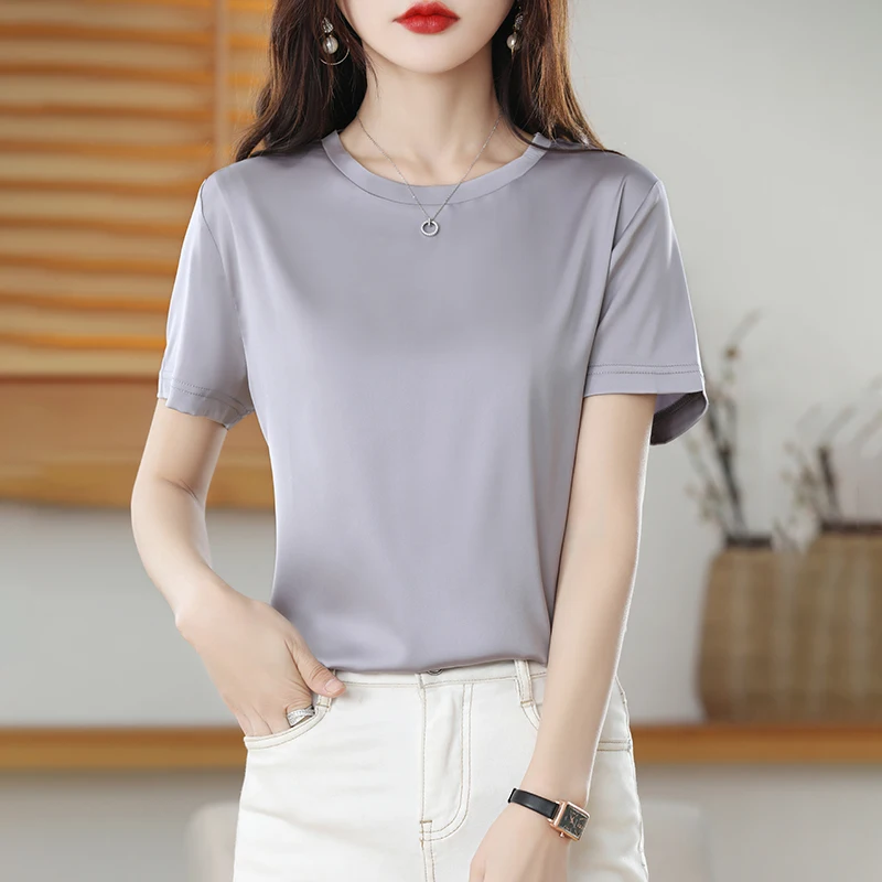 

Ladies Pullover Round Neck Knitted Spring And Summer New Faux Satin Silk Comfortable Breathable Chic Pullover Solid Color Top