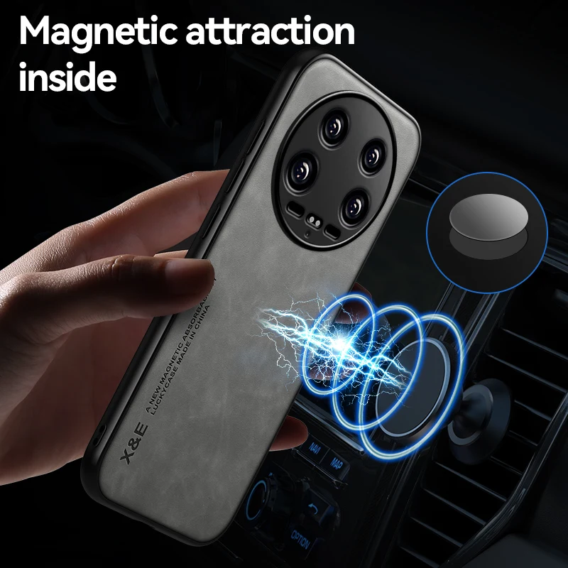 Luxury Magnetic Car Holder Leather Phone Case For Xiaomi 14 ultra   Silicone Protect Back Cover