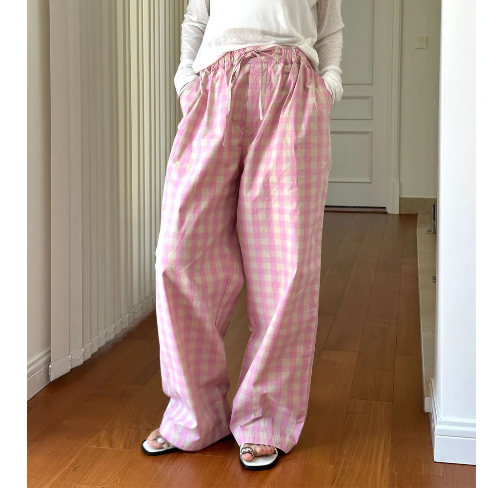 

2026 женские летние широкие повседневные брюки из 100% хлопка, удобные клетчатые прямые брюки с высокой талией, женская одежда, брюки