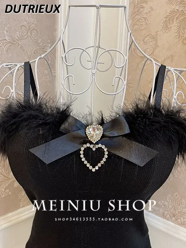 Soft Girl Princess Sweet Bow Love Pearl Diamond Plush Feather Knitted Camisole Women Lolita Girl Sexy Black Vest Cropped Top Y2k