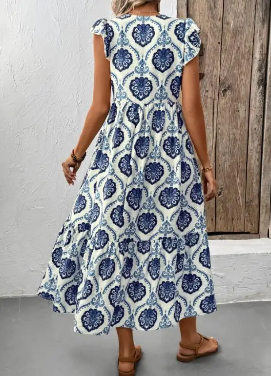 

Summer French Vacation Style Loose Deep V-Neck Printed Long Dress Casual Bohemian Women's Maxi Dress