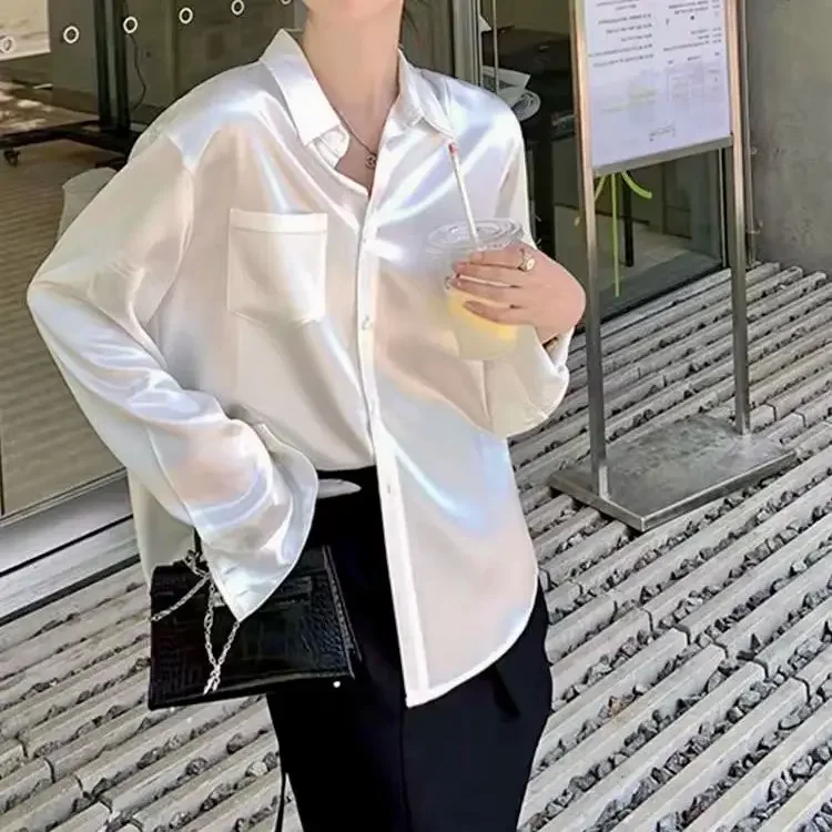 ربيع الأبيض الساتان النساء قمصان طويلة الأكمام زر بلون بلوزة عادية مكتب سيدة قميص أنيق الإناث بلايز الموضة