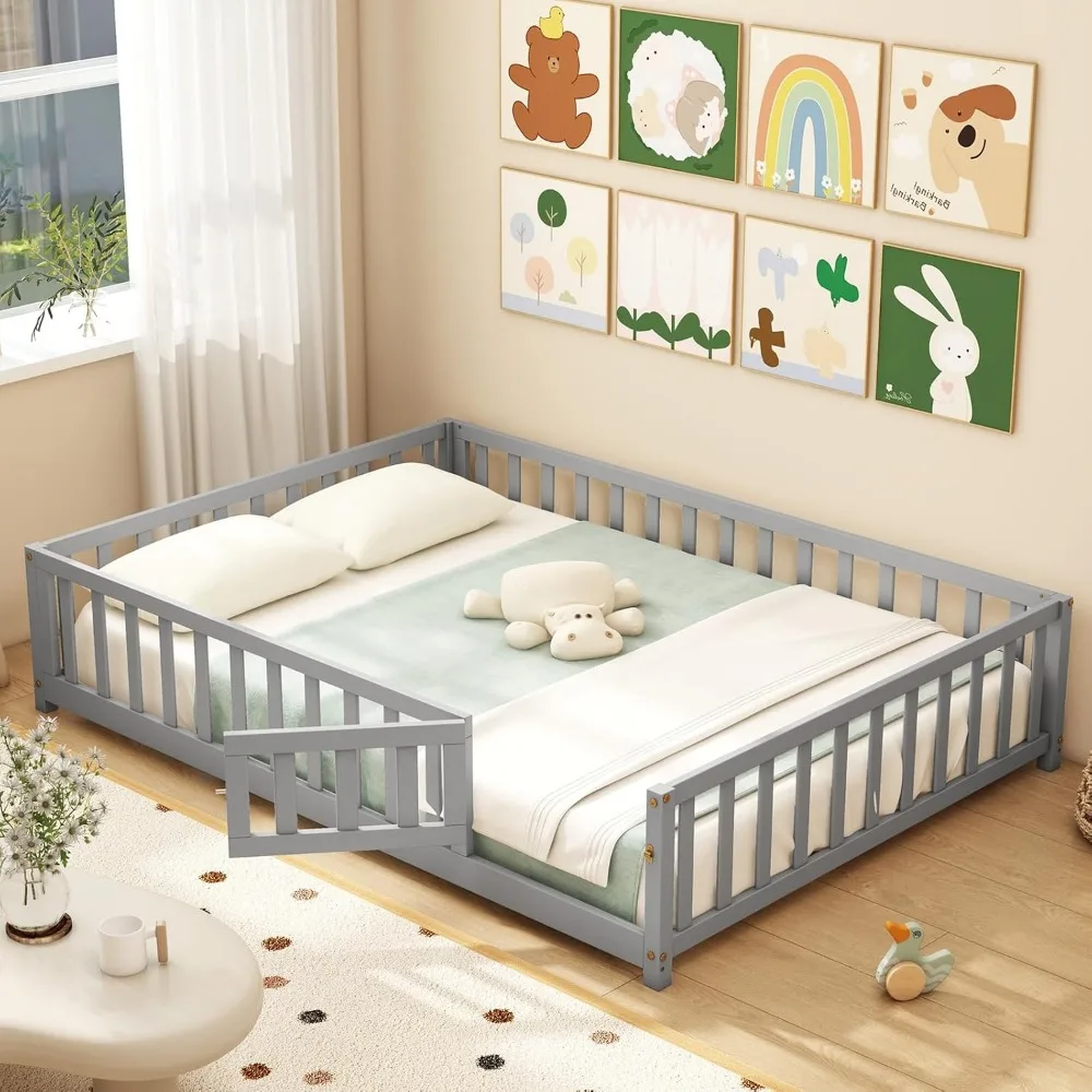 Full Size Floor Bed for Kids, Low Montessori Bed with Wood Slats & Safety Guardrails, Solid Wood Full Floor Beds with Fence and