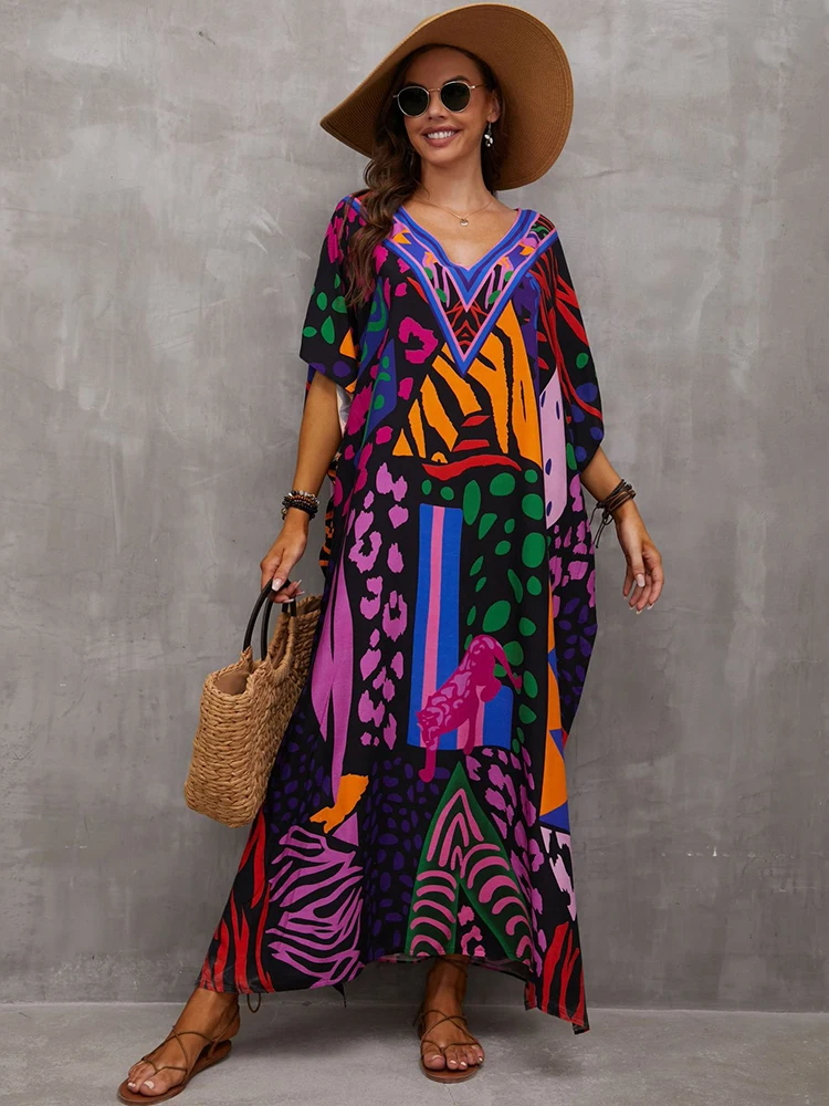 2024 Boho Purple Printed Loose Beach Dress Casual V-neck Batwing Sleeve Side Split Maxi Dresses Women Summer Clothing Q1464