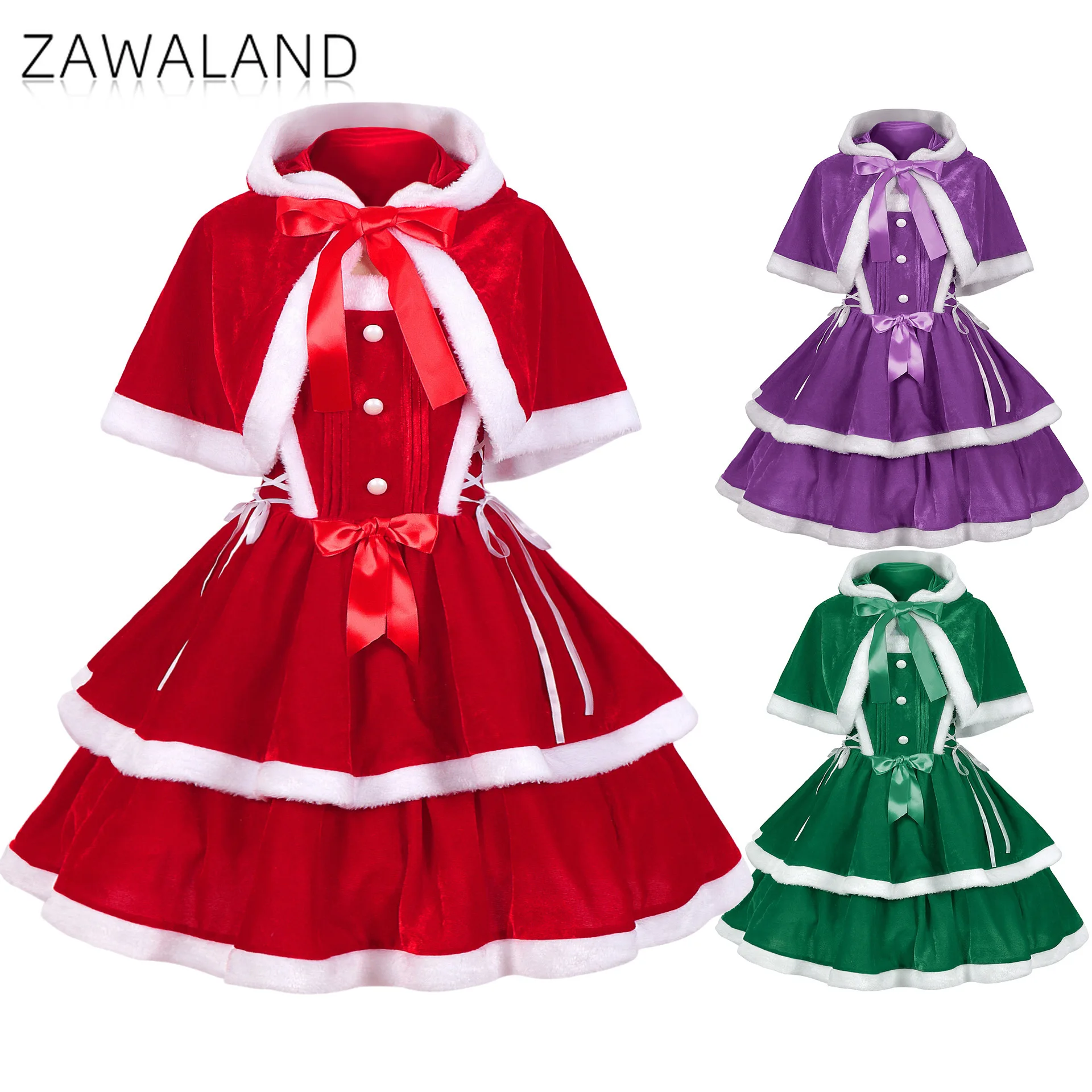 

Christmas Cosplay Hooded Shawl Dresses Woman Red Green Purple Velvet 2-piece Dress Winter Holiday Costume Xmas Party Cute Outfit