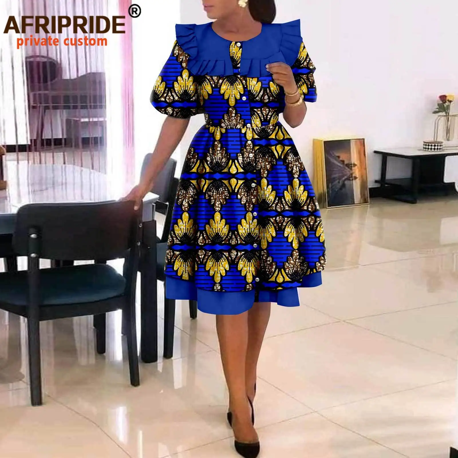 African Dresses for Women Elegant Party Short Sleeve High Waist Print A-line Dress Ankara Attire Traditional Outfits A2225029