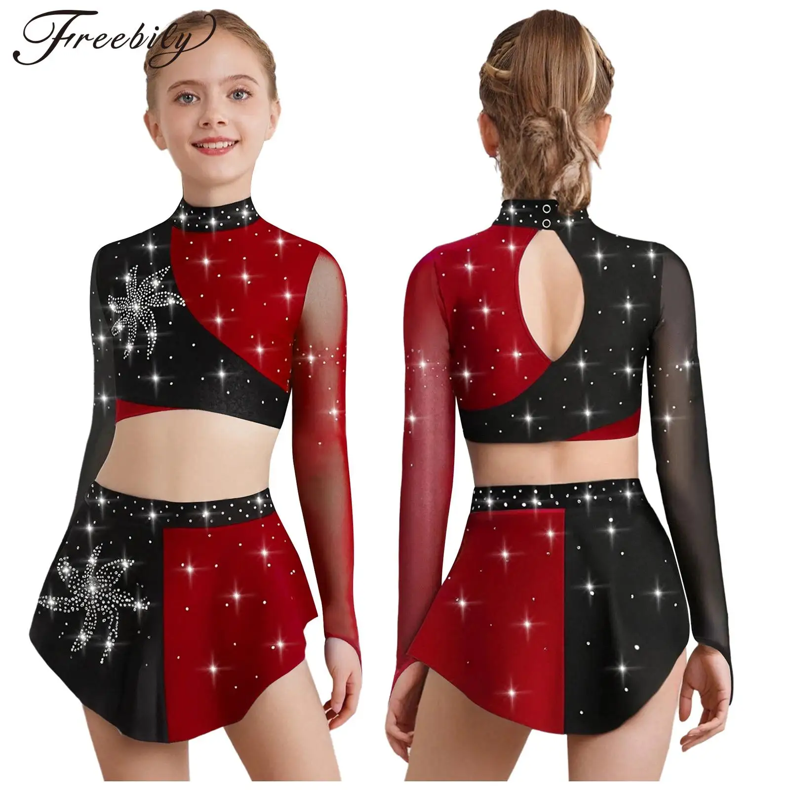 

Современный лирический танцевальный наряд для девочек, фигурное катание, балетная танцевальная одежда, блестящая прозрачная сетка со стразами, укороченный топ с длинными рукавами, юбка-купальник