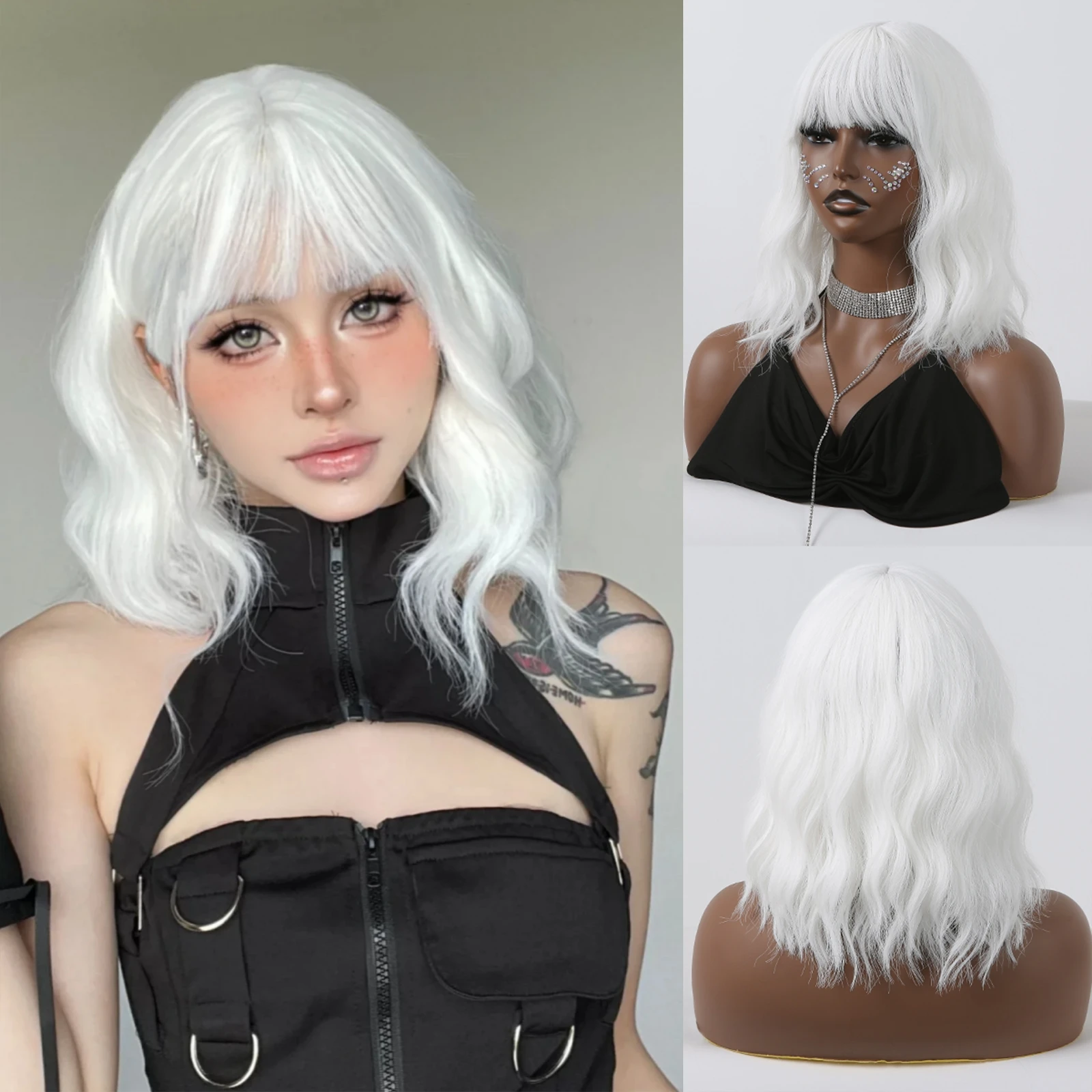 

White BOB Synthetic Wig Short Curly Cosplay Hair with Bangs for Women Halloween Party Use Heat Resistant Water Wave Wig