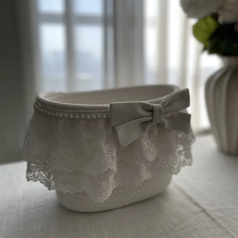 Korean quality double-layer lace eco-friendly handmade cotton rope storage basket, large desktop storage basket, cosmetic