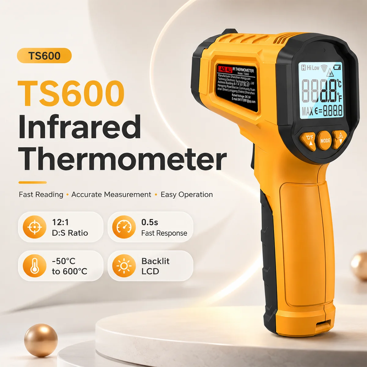 LAOLAU TS600 Infrared Food Thermometer Non Contact Surface Temperature Tester Adjustable Emissivity for Pizza Oven Cooking Tools