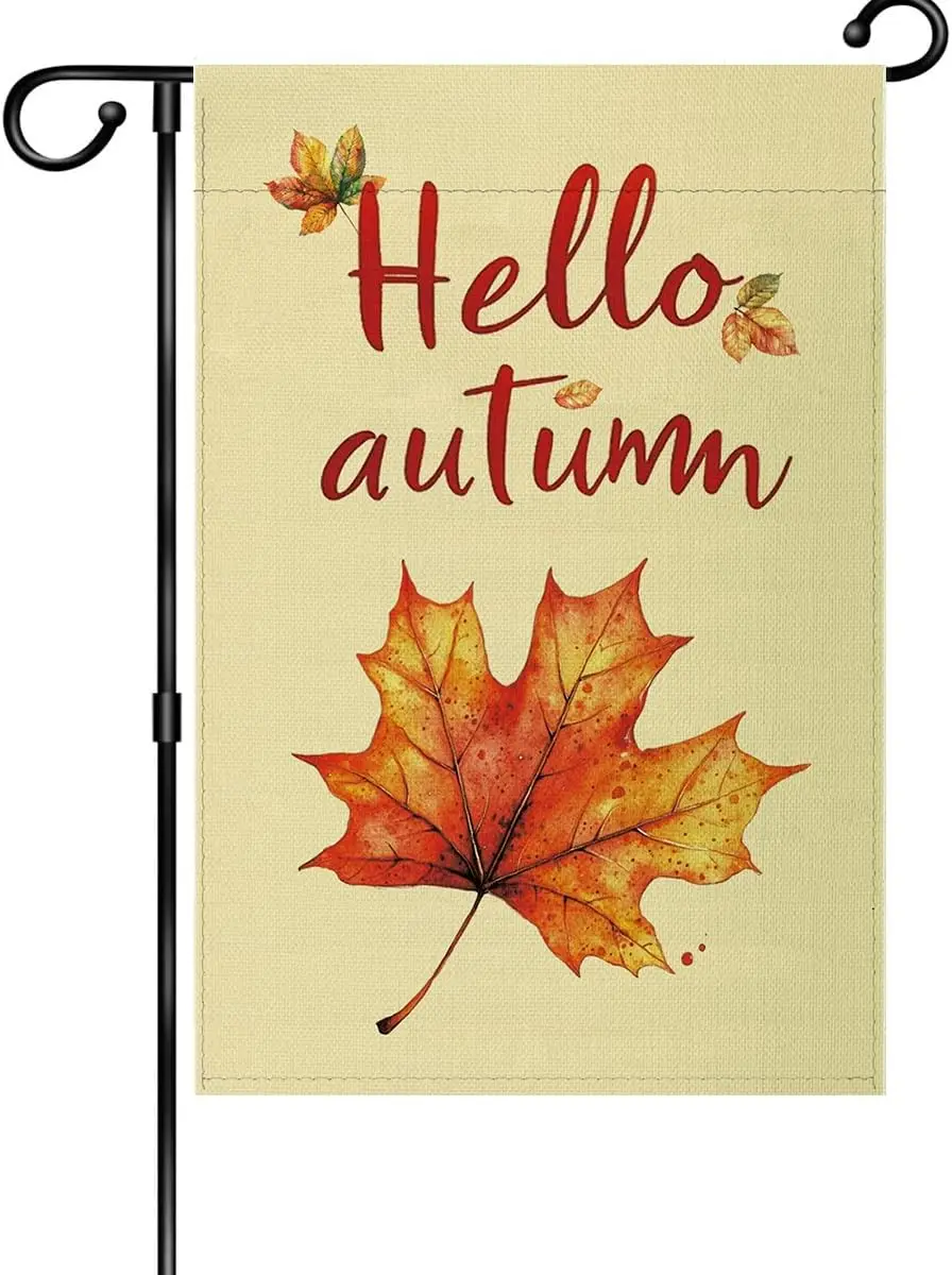 Autumn Garden Flag 12x18 Inch Double Sided Outside, Hello Autumn and Maple Leaves Porch Yard Patio Outdoor Decoration XAA UU SSL