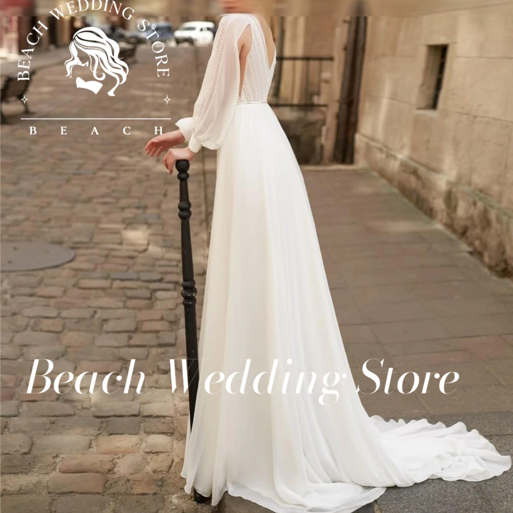 Beach Customized Boho Wedding With Sleeves Simple Beach Chiffon A-Line With Court Train Cheap Sexy V-Neck Bohemian Gowns Woman