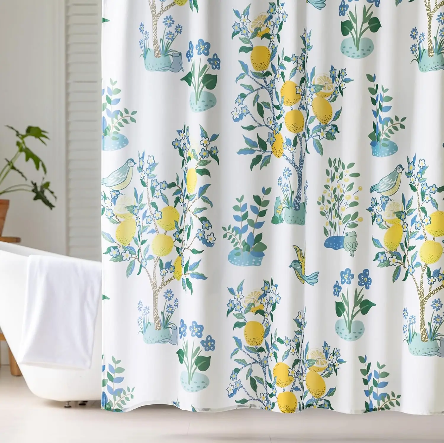 

Cute Fun Yellow Shower Curtain for Bathroom Kids - Colorful Funny Frog Bird Cottage Core Whimsical Nature Lemon Green Botanical
