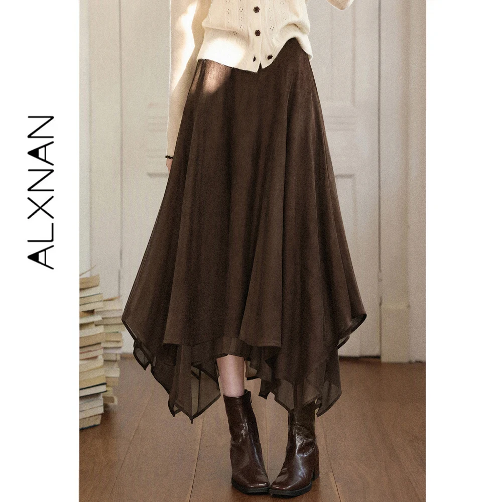 ALXNAN Maillard Brown Plaid Skirt for Women Fall Irregular Berkley A-line Skirt 2026 Fashion High Waist Female Clothing L680153A