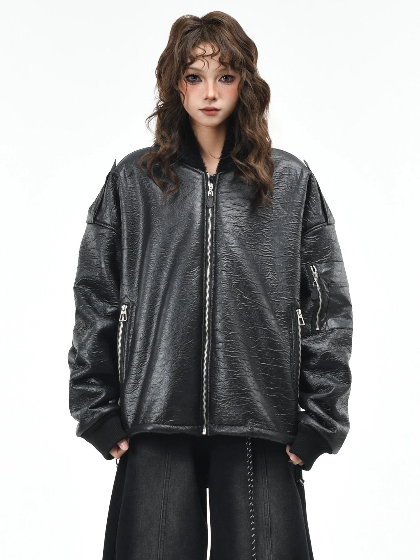 

Оригинальная американская ретро-куртка OV из искусственной кожи с флисовой подкладкой, женская зимняя свободная куртка с жатой текстурой, теплая хлопковая куртка