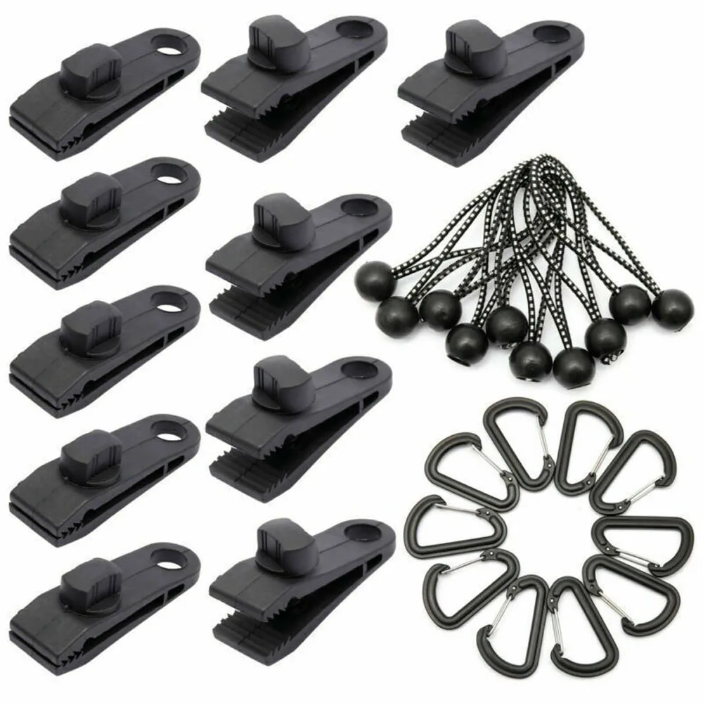 30pcs Tarp Clips Heavy Duty Lock Grip Tent Fasteners Clamps with Bungee Ball Cords Carabiners for Tarps Awnings Caravan Canopies