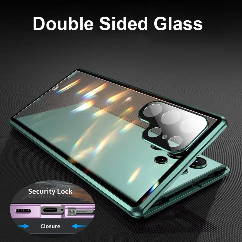 Metal Double Sided Glass Snap Lock Case 360 Full Protection For Samsung Galaxy S22 S23 S24 Ultra S23 Lens Protection Cover Case