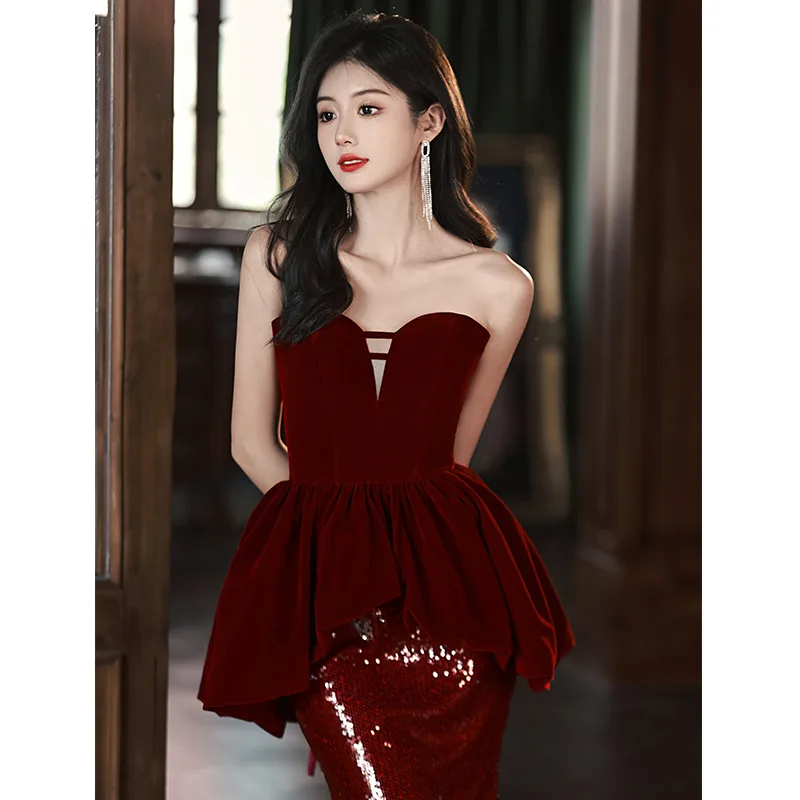 TOAST Clothing Wine Red Fishtail High-End Evening Dress Female 2024 New Marriage Engagement Small