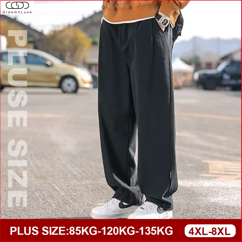 GROOMXLUXE Plus Size Men's Overalls Loose Straight Wide-Leg Casual Long Pants Oversize American Style Streetwear Bottoms 4XL-8XL