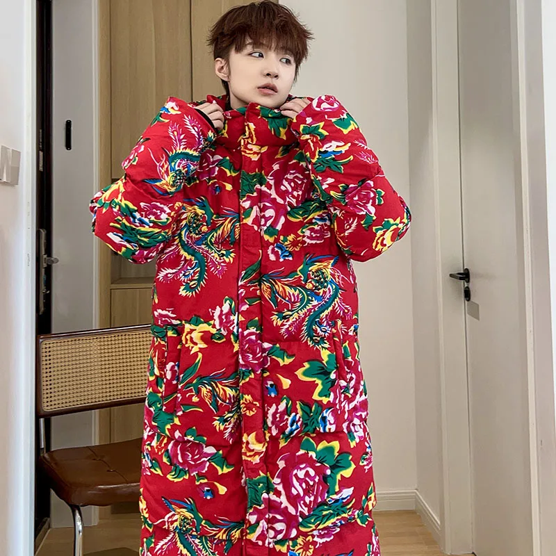 

Autumn Winter Chinese Style Cotton-Padded Jackets Men Vintage Quilted Coat Traditional Long Parkas Northeast Big Flower Coat