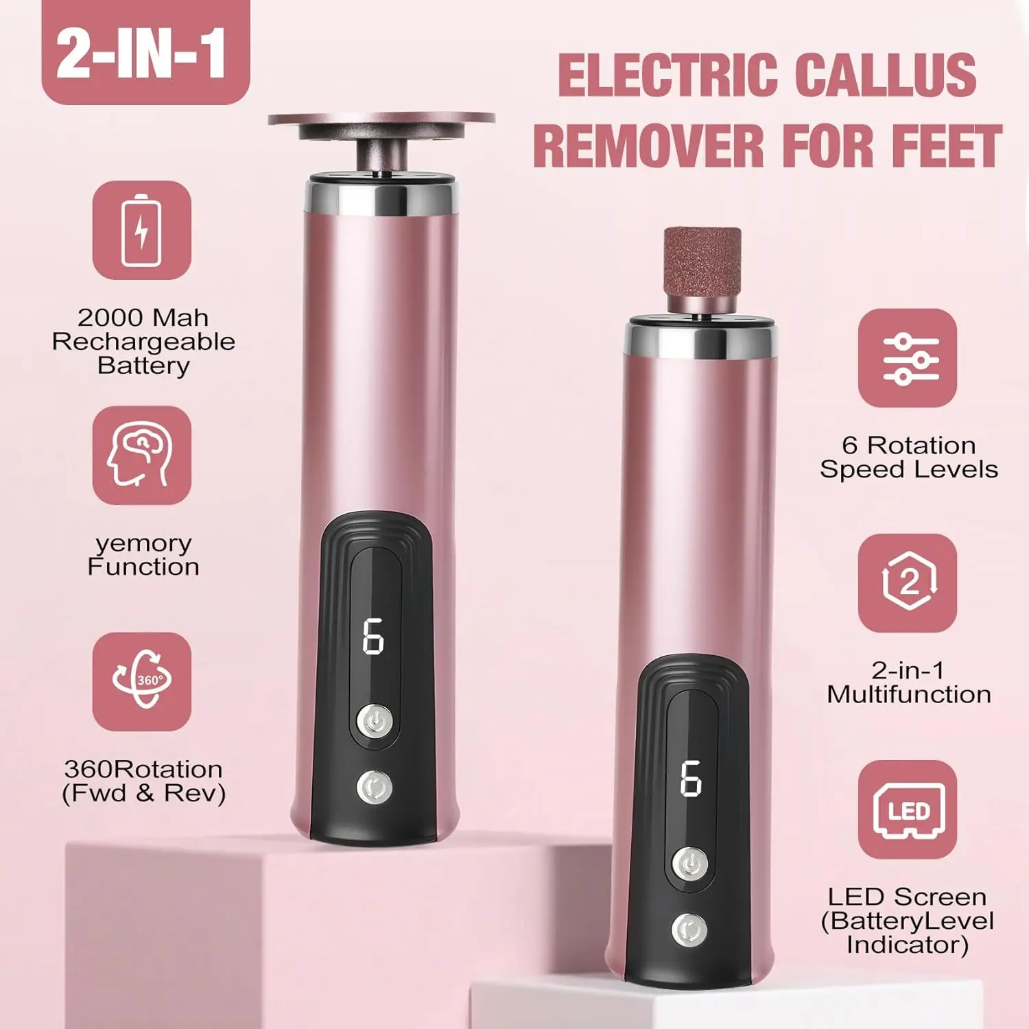 Electric Foot Callus Remover with 2 Grinding Head Cordless Foot Filer Feet Scrubber Scraper Nail Pedicure Tool for Dead Skin